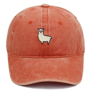 Close-up of vintage washed brick red baseball cap with white alpaca embroidery detail