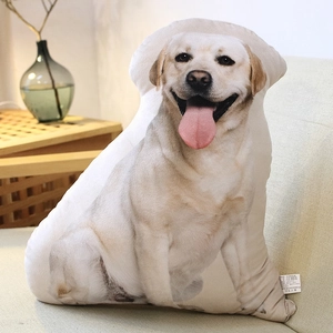 Detailed realistic golden retriever dog pillow placed on a cozy living room sofa