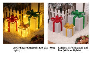 Detail of three LED Christmas gift boxes showing light-on and light-off effects