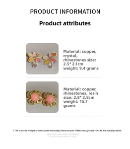 Detail showing vintage crystal earrings specifications, materials, and product dimensions