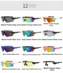 Variety of 12 cycling sunglasses showing different lens colors and aerodynamic frames