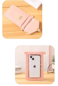 Pink faux leather crossbody phone bag featuring card slots and a clear touchscreen window