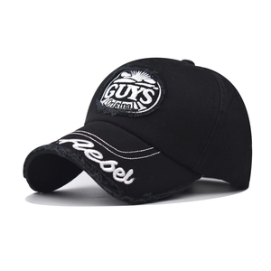 Distressed black cotton baseball cap featuring GUYS Original patch and rebel embroidery