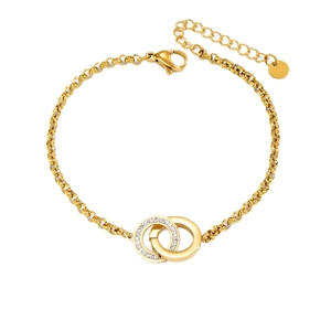 Gold interlocked double ring bracelet with crystals on a stainless steel chain