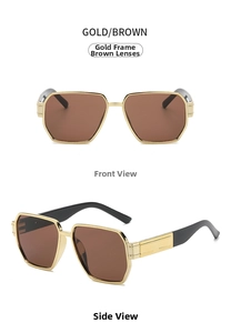 Detailed front and side views of gold metal frame sunglasses with brown gradient lenses