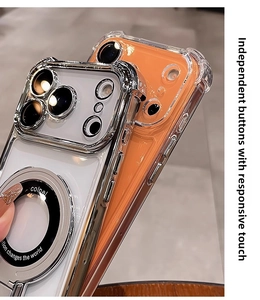 Detail view of iPhone 17 Pro Max magnetic case with electroplated edges and metal kickstand