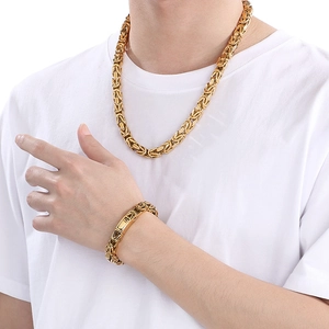Gold Byzantine chain necklace and bracelet set for men in punk hip-hop style