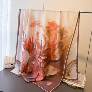 Artistic abstract print silk scarf for women in warm orange and brown tones