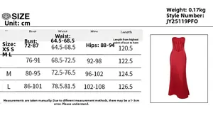 Detailed size chart for backless bodycon maxi dress with bust and waist measurements