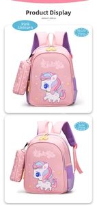 Detail view of pink unicorn kids backpack featuring durable nylon and purple mesh pockets