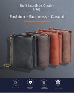 Vertical soft leather wallets with vintage chain in black, brown and coffee colors