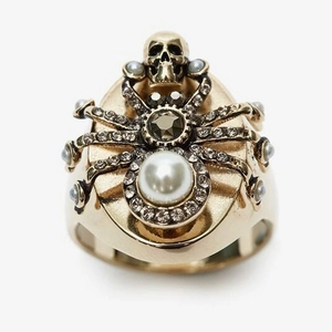 Vintage punk skull and spider ring in antique gold with large pearl and crystals