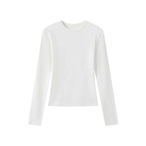 Detail shot of white modal stretch long sleeve top showing round neck and smooth texture
