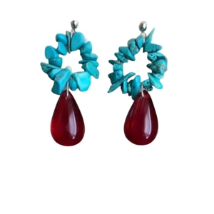 Turquoise gravel mosaic earrings with deep red teardrop pendants on a white background