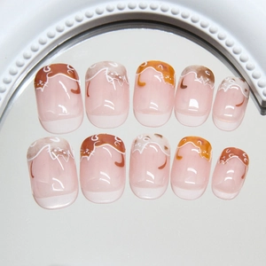 Cute cartoon cat patterns on yellow-brown gradient press-on nails 24pcs set