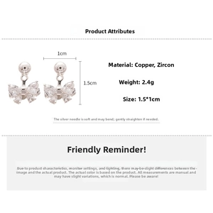 Detail view of zircon bow earrings showing 1.5x1cm dimensions and 2.4g weight specifications