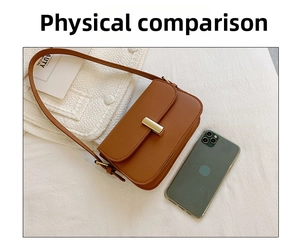 Detailed comparison of caramel brown crossbody bag size next to a smartphone