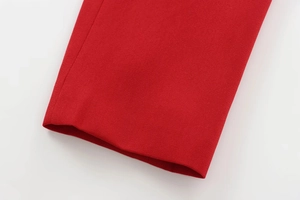 Close-up of red textured fabric jacket featuring gold buttons and detailed 3D patterns