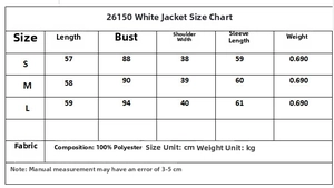 Size chart for white polyester knit cardigan jacket with measurements in centimeters