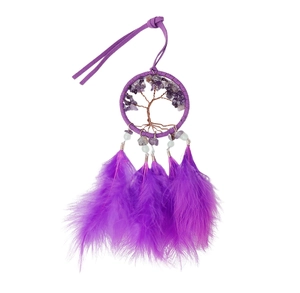 Macro view of purple Tree of Life dreamcatcher with amethyst stones and soft feathers