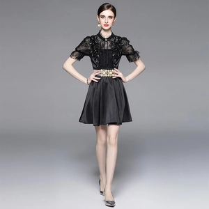 Elegant black lace mini dress with beaded waist belt and sparkling sequin details