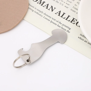 Detailed shot of a silver stainless steel keychain with a unique novelty design