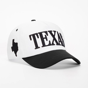 Detail view of side embroidery and contrast stitching on the Texas baseball cap