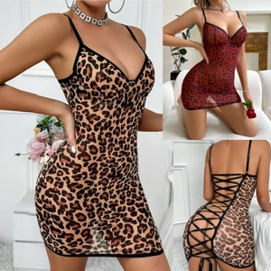 Sexy leopard print mesh chemise with back lace-up straps and sheer bodycon silhouette