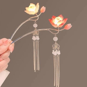 Glowing Lotus Flower Hair Stick Alloy Long Tassel Chinese Hanfu Vintage Hairpin Accessory For Women