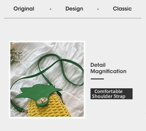 Detail of green leather strap and metal twist lock on pineapple woven bucket bag