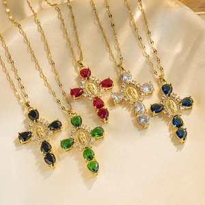 Virgin Mary Cross Pendant Necklace Titanium Steel Cubic Zirconia Water Drop Gemstone Religious Jewelry For Women
