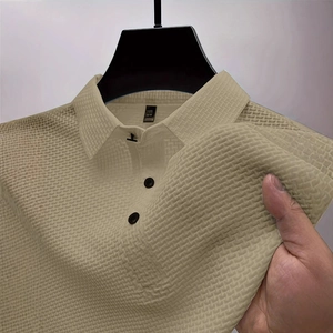 Men Short Sleeve Polo Shirt Waffle Knit Texture Lapel Button Casual Business Tops Breathable Lightweight Slim Fit Menswear