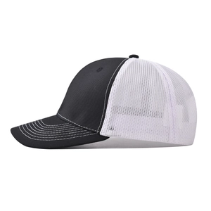 Classic black and white mesh trucker hat with curved brim and contrast stitching