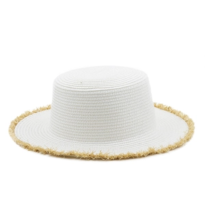 Minimalist white straw boater hat with natural fringe trim for summer beach vacation