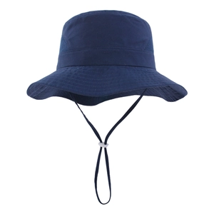 Detailed view of the dark blue kids bucket hat featuring breathable mesh and adjustable strap