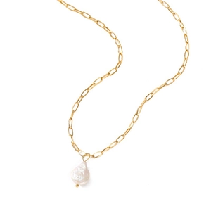 Y-shaped gold paperclip chain necklace featuring a natural baroque freshwater pearl pendant