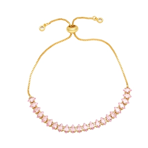 Elegant gold adjustable bracelet featuring a pink marquise zircon and ball-end sliding clasp