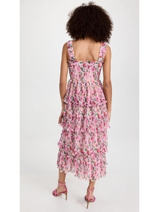 Detailed back view of a tiered floral sundress with elasticated back and pink prints