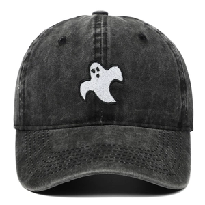 Charcoal grey washed cotton baseball cap featuring a white ghost embroidery on the front