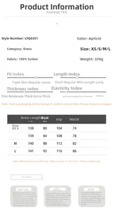 Detailed size chart for cotton maxi dress showing XS to L measurements and fabric info