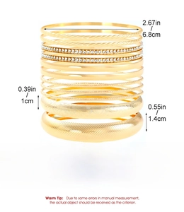 Detail view of 10-piece gold alloy bangle set with size charts and texture specs
