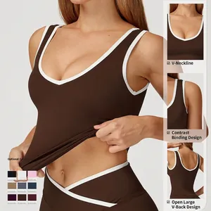 Tight-fit yoga tank top in chocolate brown with V-neck and open back design