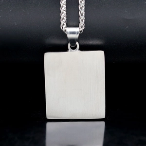 Brushed silver stainless steel hip hop necklace with a rectangular square pendant