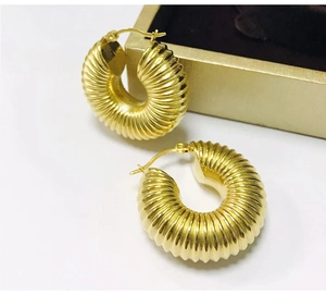 Chic 18k gold stainless steel ribbed hoop earrings, trendy hollow chunky design for daily wear.