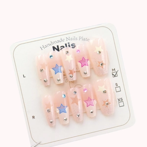 Pink and blue star handmade press-on nails set with rhinestones on display card