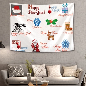 Modern festive wall tapestry featuring Santa Claus and reindeer in a stylish living room