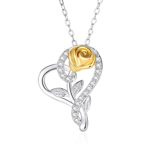 S925 sterling silver heart rose necklace with crystals and two-tone gold finish