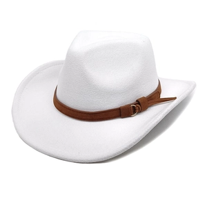 Close-up of white wool felt cowboy hat with a brown suede band and gold buckle detail