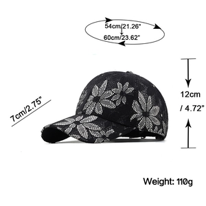 Black lace baseball cap with white daisy embroidery and breathable summer mesh design