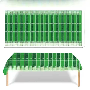 Detail of football field tablecloth set with yard lines and touchdown text in 54x108 inches